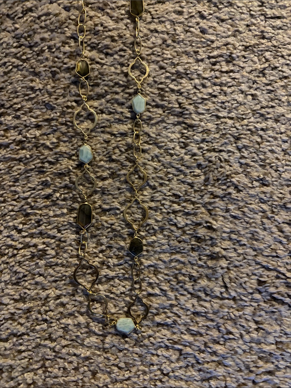 Gold Chain Necklace with Pale Blue Gem Accents and brown gems….